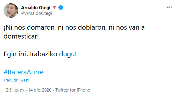 Reacción de Arnaldo Otegi en Twitter