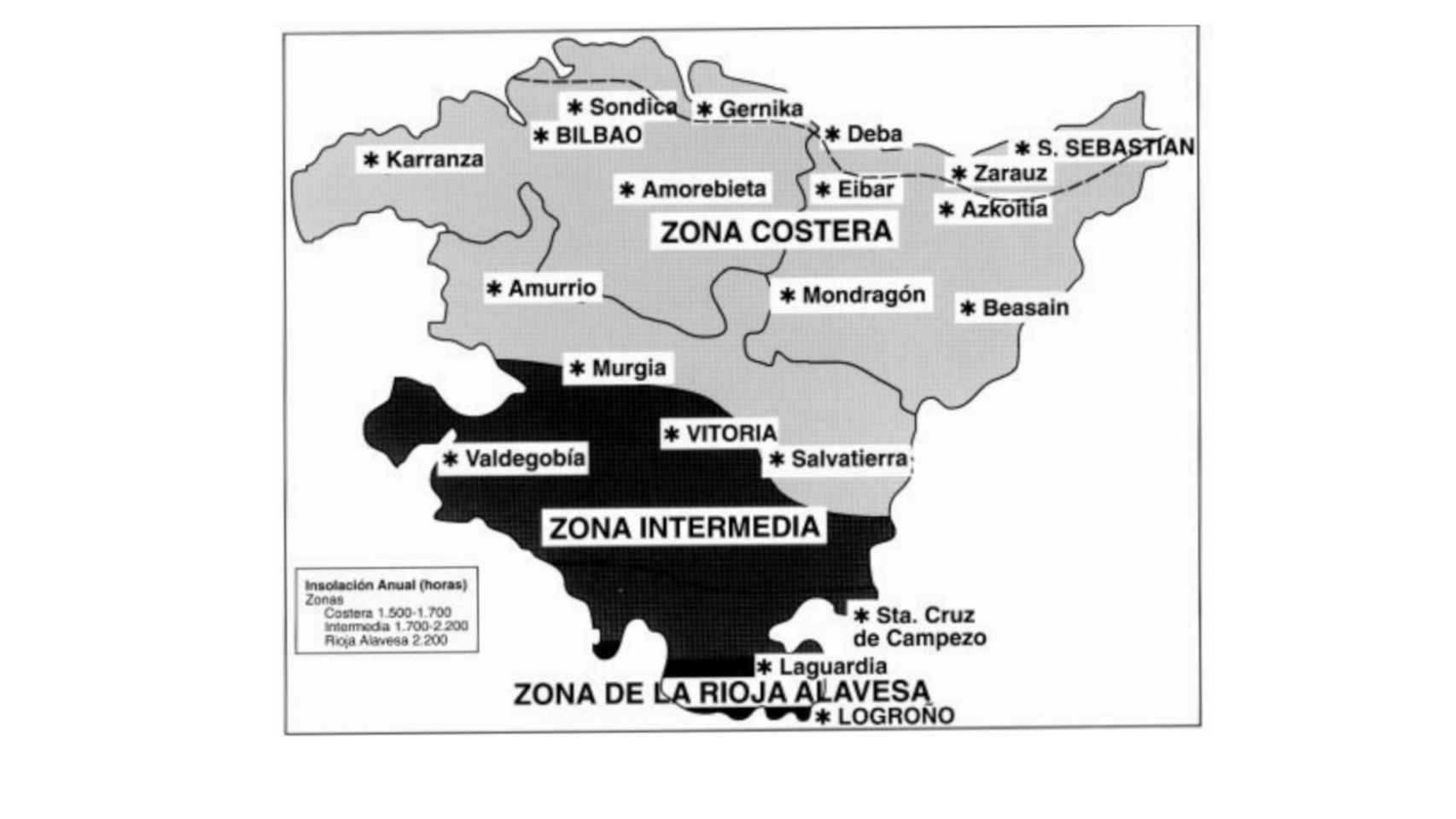 Distribución de la insolación anual en Euskadi.