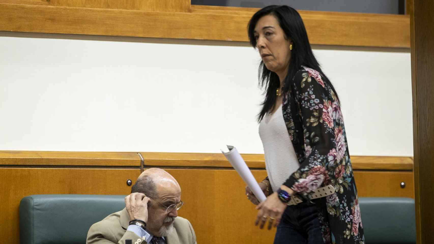 Txarli Prieto (PSE-EE) y Amaia Martínez  (Vox), durante la sesión plenaria del Parlamento Vasco / DAVID AGUILAR -EFE