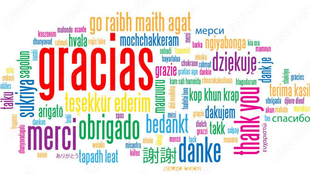 La palabra 'gracias' escrita en diferentes idiomas.