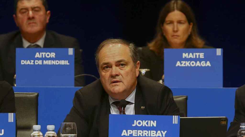 El presidente de la Real Sociedad, Jokin Aperribay, durante la junta de accionistas de este jueves.