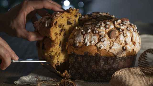 Un hombre corta el panettone típico italiano.