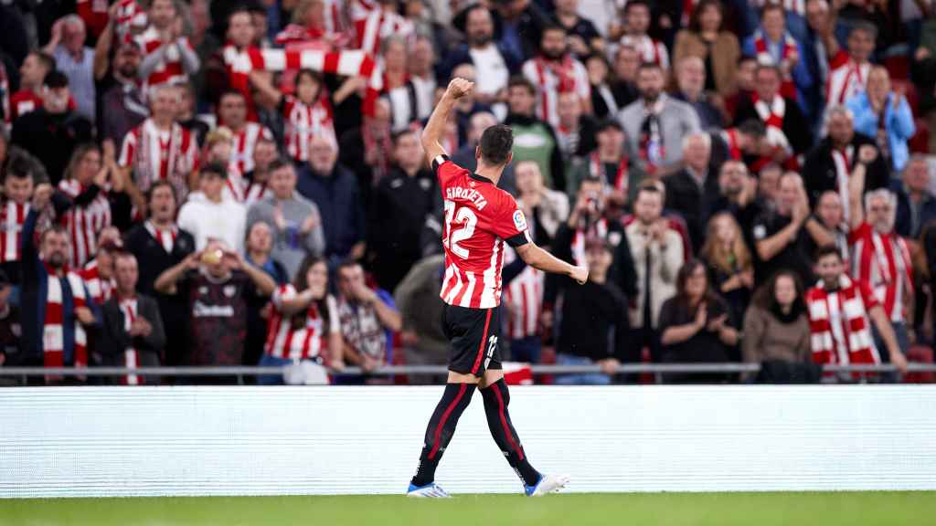 Gorka Guruzeta celebra uno de los 9 goles anotados hasta ahora en competición liguera.