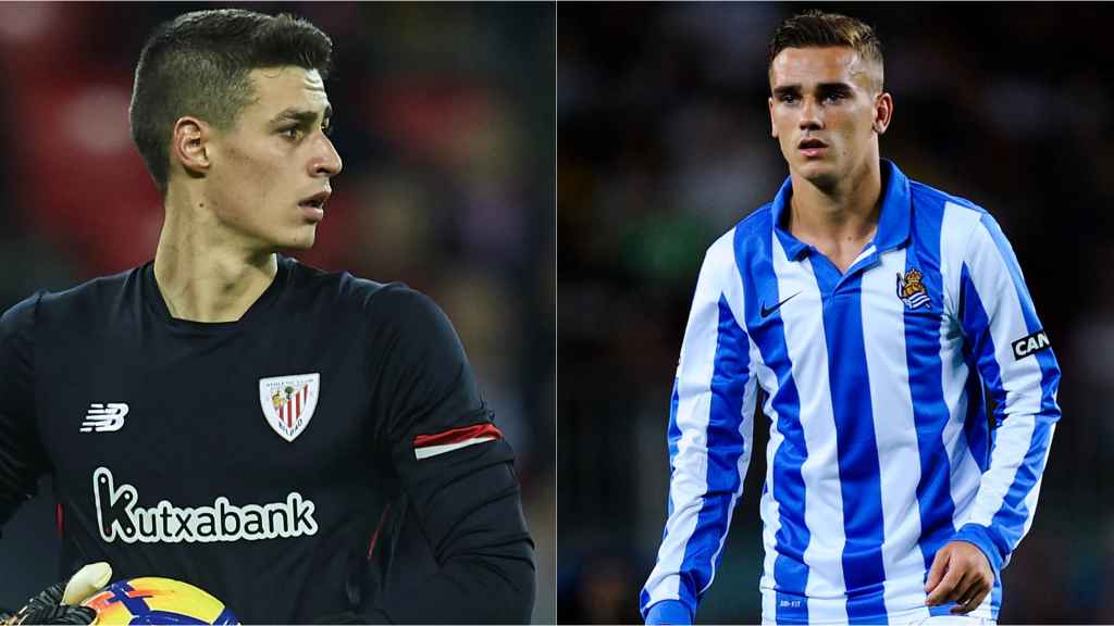 Kepa (i) y Griezmann (d), durante sus etapas como jugadores del Athletic y de la Real, respectivamente.