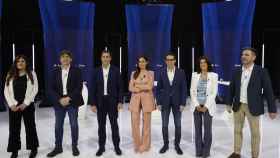 Gorrotxategi, Andueza, Pradales, Otxandiano, Laura Garrido (PP) y Andeka Larrea (Sumar), durante el segundo debate televisado en Bilbao.