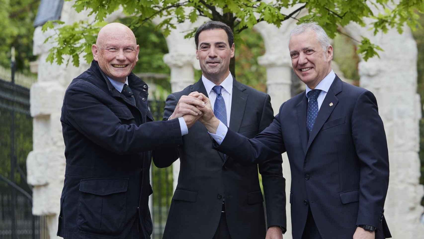 Los lehendakaris, Juan José Ibarretxe e Iñigo Urkullu y el candidato del PNV, Imanol Pradales