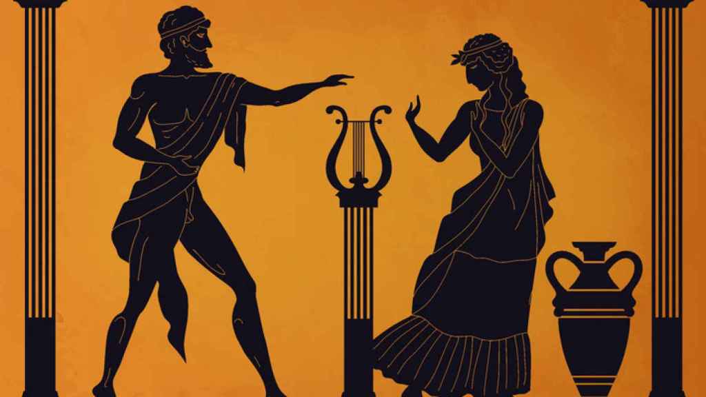 Jarrón con siluetas de personajes de la mitología griega.