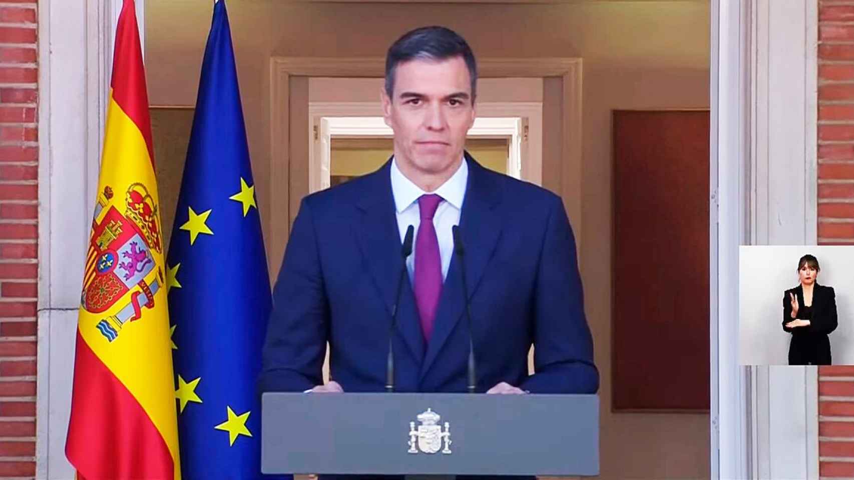 Pedro Sánchez, durante su discurso institucional en el Palacio de la Moncloa.