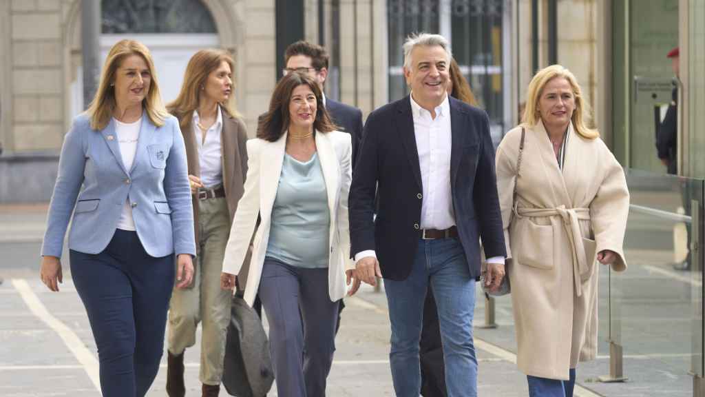 Los siete parlamentarios electos del PP posan en la Cámara vasca, una vez acreditados con su presidente, Javier de Andrés / Adrián Ruíz Hierro - PP