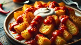 Plano detalle de un plato de patatas bravas