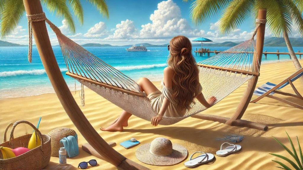 Chica sentada en una hamaca en un día soleado de playa generado con IA