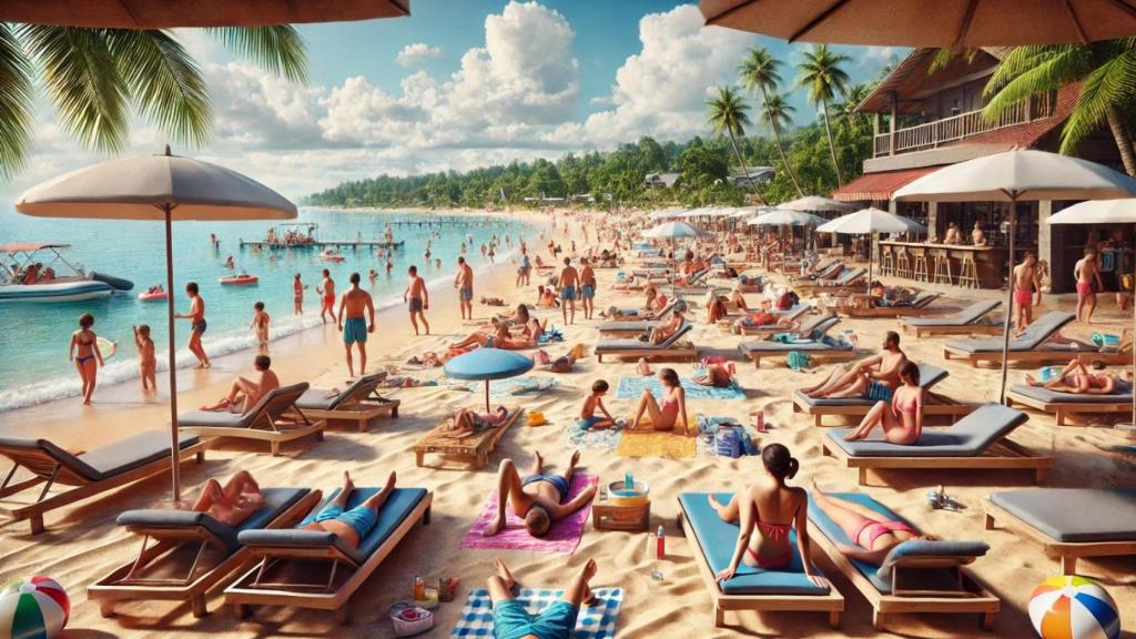 Veraneantes en una playa en un día soleado de playa generado con IA