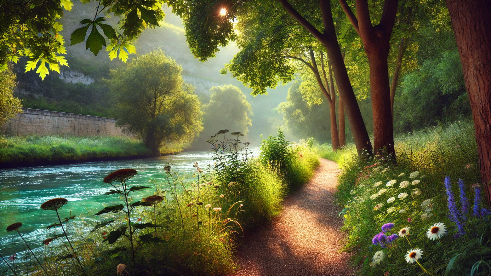 Imagen generada con IA de un camino junto al río