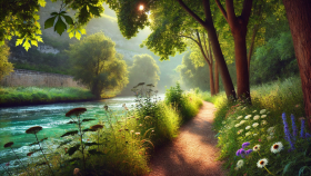 Imagen generada con IA de un camino junto al río