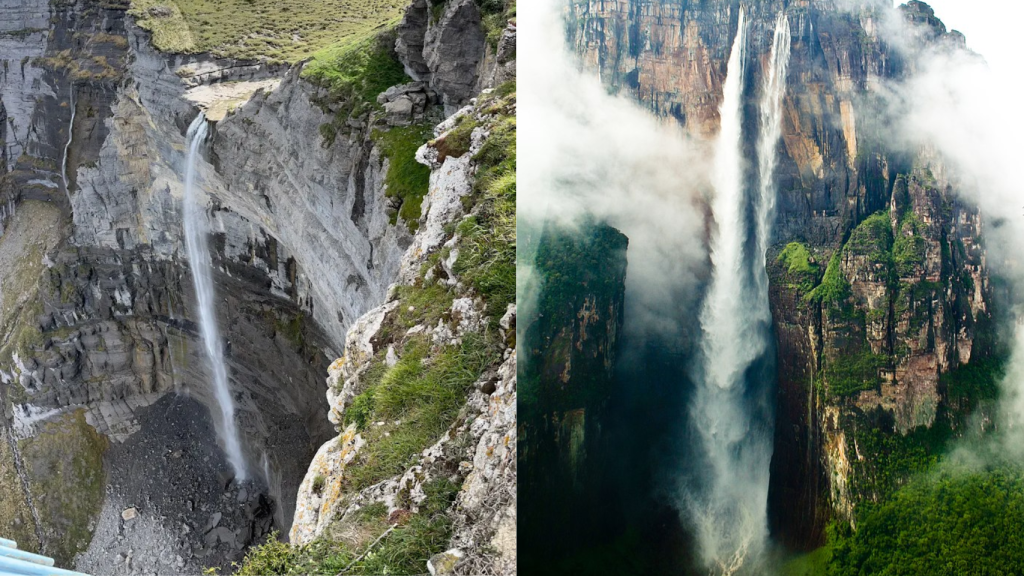 En la derecha el Salto de Nervión (España) y a la izquierda el Salto Ángel (Venezuela) / Montaje de fotos de Wikipedia