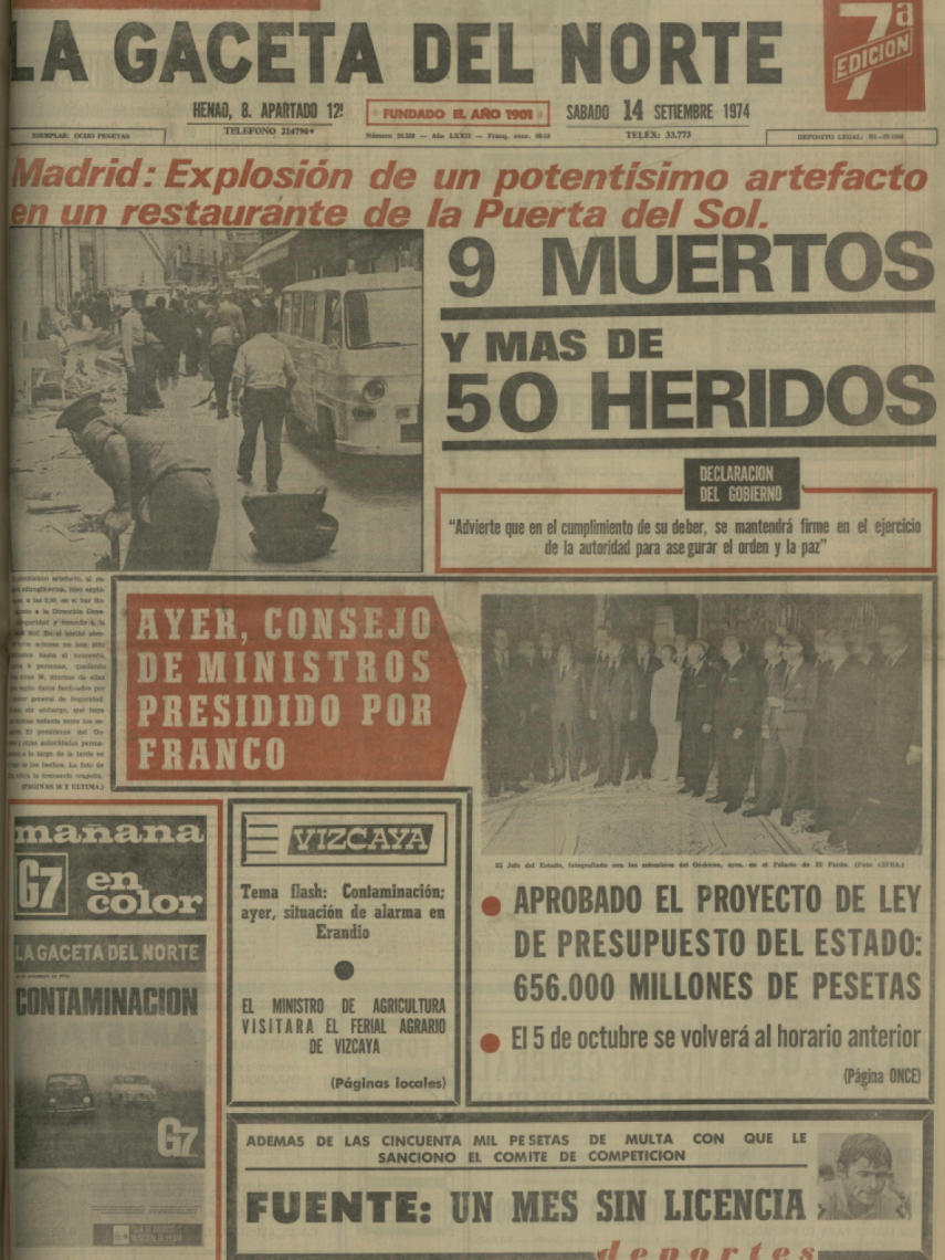 Portada de La Gaceta del Norte un día después del atentado, el 14 de septiembre de 1964 | Archivo La Gaceta del Norte