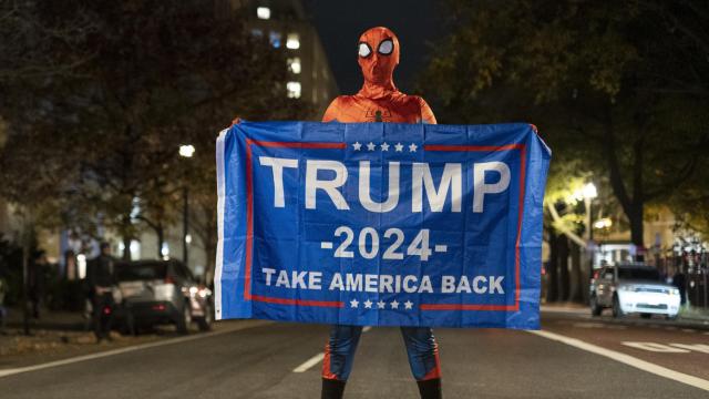 Un partidario de Trump vestido con un disfraz de Spider Man apoyando a Trump en una carretera cerca de la Casa Blanca