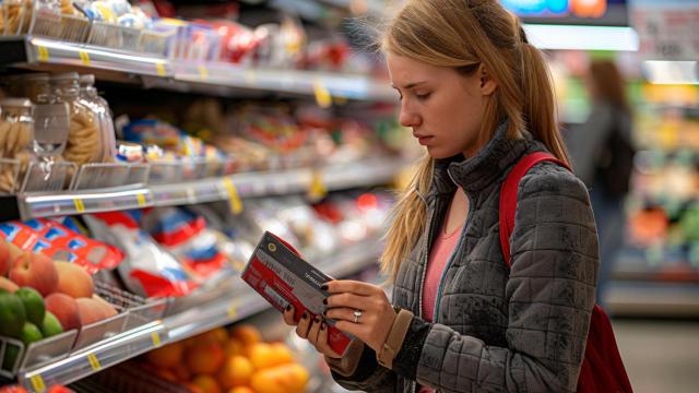 Una mujer elige un producto en un supermercado.