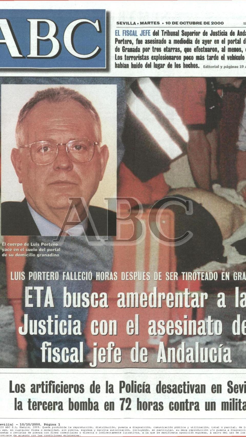 Imagen de la portada de un periódico el día después del asesinato de Luis Portero