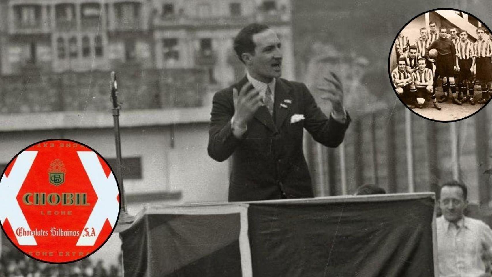 José Antonio Aguirre, durante un mitin como lehendakari. A la derecha, su etapa como jugador del Athletic Club.