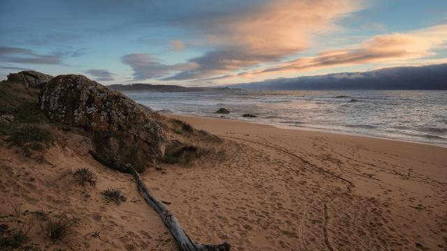 Una playa en el atardecer.