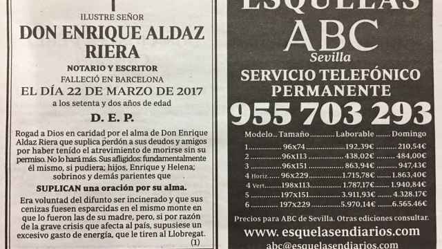 Esquela aparecida en la edición del 26 de marzo de ABC / @Panzijosema