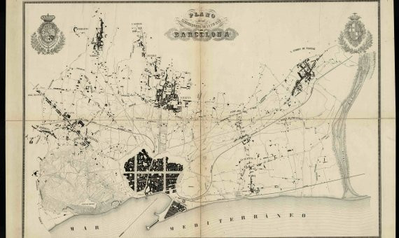 Plano de la futura ciudad de Barcelona elaborado por Idelfons Cerdà en 1855, en el que se representan en tinta oscura los municipios de alrededor