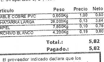 Factura de la chatarra recogida por David, de Senegal.