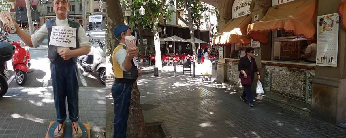 En la horchateria El Tio Che un muñeco avisa: la terraza esta en la Rambla / CR