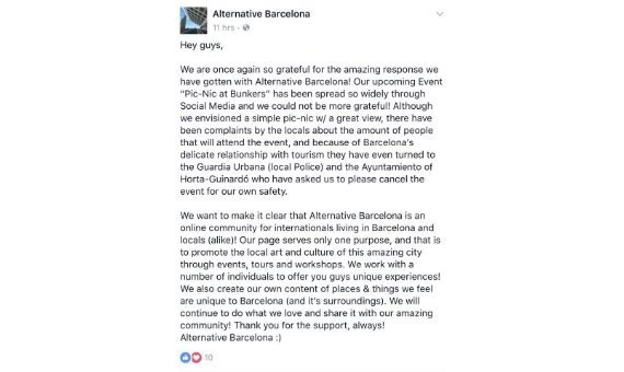 Mensaje en Facebook de Alternative Barcelona