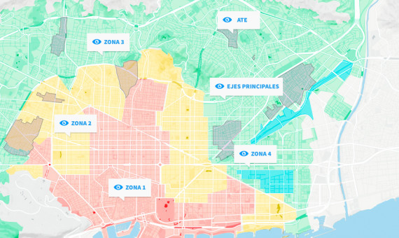 Mapa de las diferentes zonas en que divide Barcelona el PEUAT