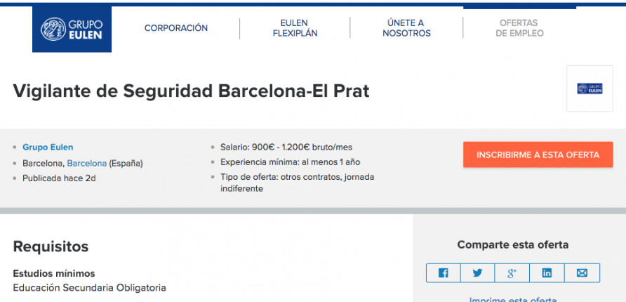 Captura del anuncio que la empresa Eulen ha colgado en el portal de Infojobs 