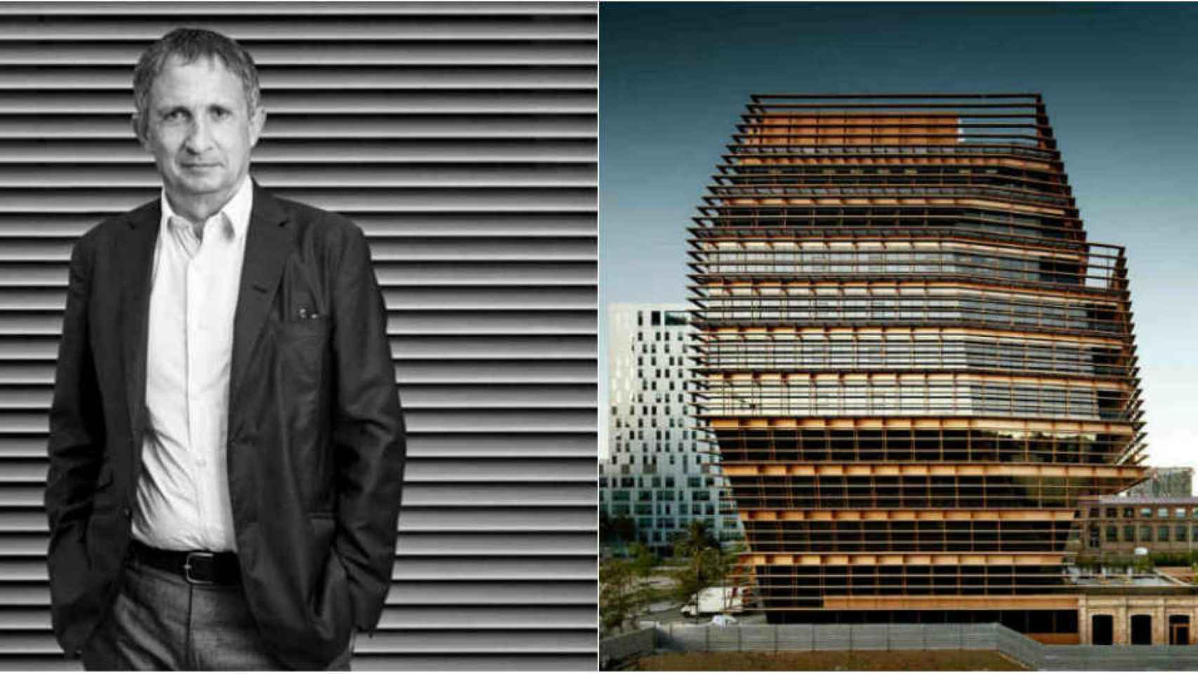 Enric Batlle  y una de sus obras en el 22@, el edificio CMT