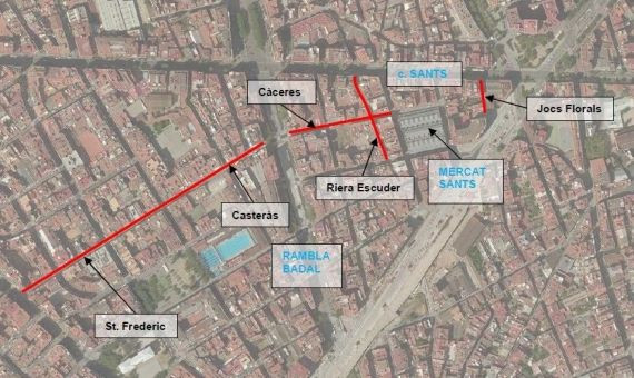 Entramado de calles intervenidas en el entorno del mercado de Sants / AJUNTAMENT DE BCN