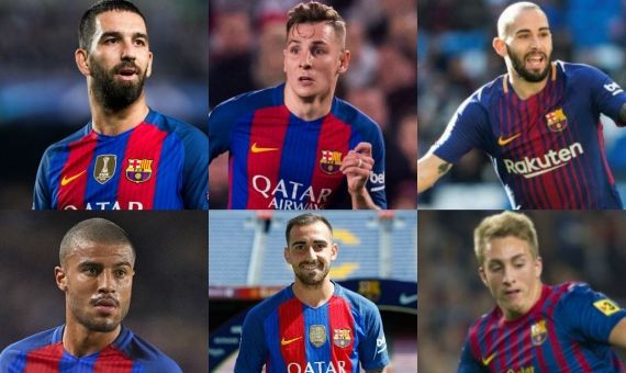 En orden de izquierda a derecha y de arriba a abajo Arda Turan, Lucas Digne, Aleix Vidal, Rafinha, Paco Alcácer y Gerard Deulofeu