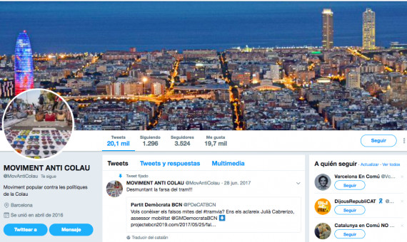 Perfil en Twitter del Moviment Anti Colau