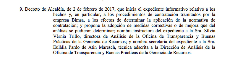 Punto del cta del pleno municipal de febrero en el que se recoge el decreto de alcaldía que encarga el informe