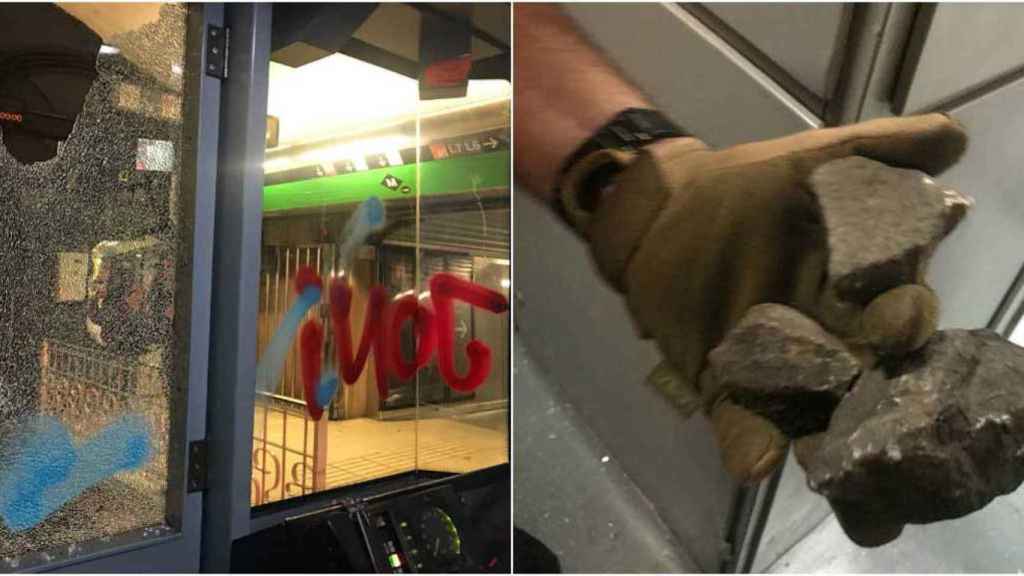 Un cristal de un vagón de metro roto y piedras que lanzadas por grafiteros, que han llegado a usar gas pimienta y una pistola Taser / CGT