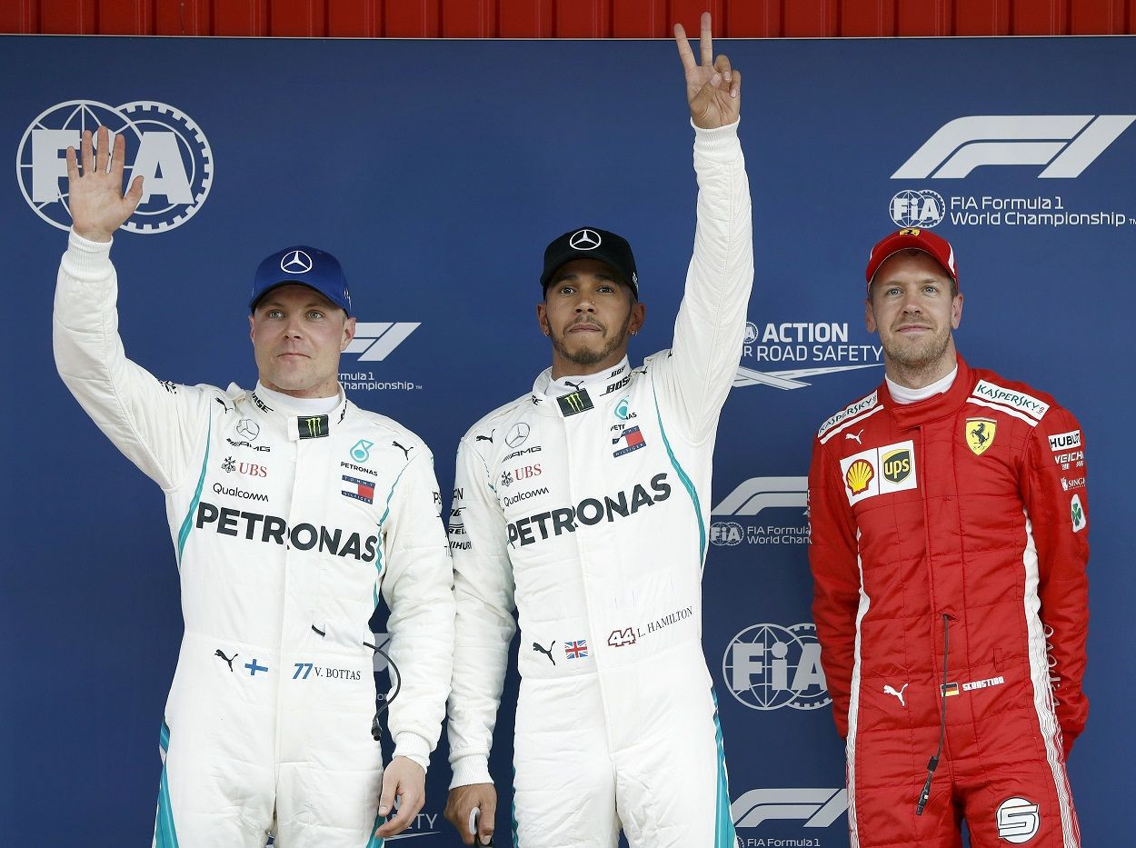 Bottas, Hamilton y Vettel, de izquierda a derecha, tras la calificación de este sábado para el GP del domingo / EFE