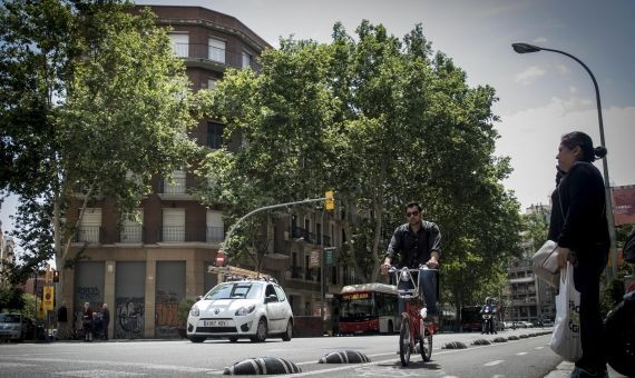 El edificio fantasma del Raval, en la ronda de Sant Pau, tapado por algunos árboles / HUGO FERNÁNDEZ