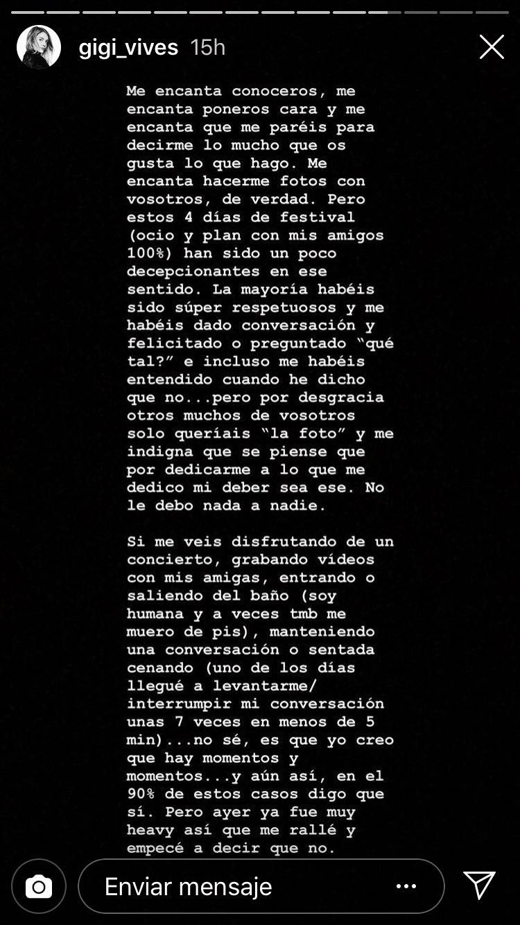 Texto de Gigi Vives en su Instastory