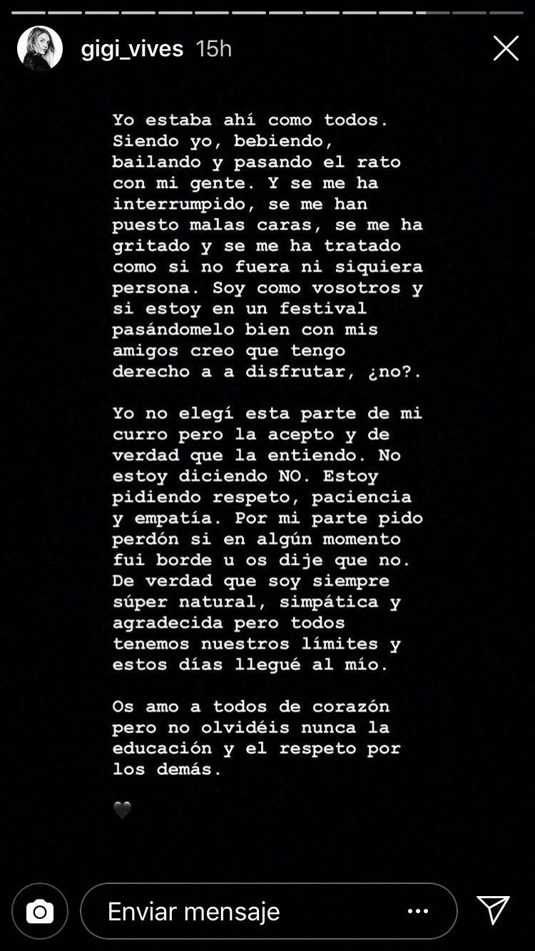 Texto de Gigi Vives en su Instastory