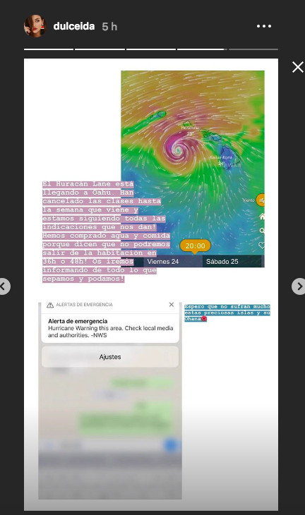 Stories de Dulceida informando sobre el Huracán Lane