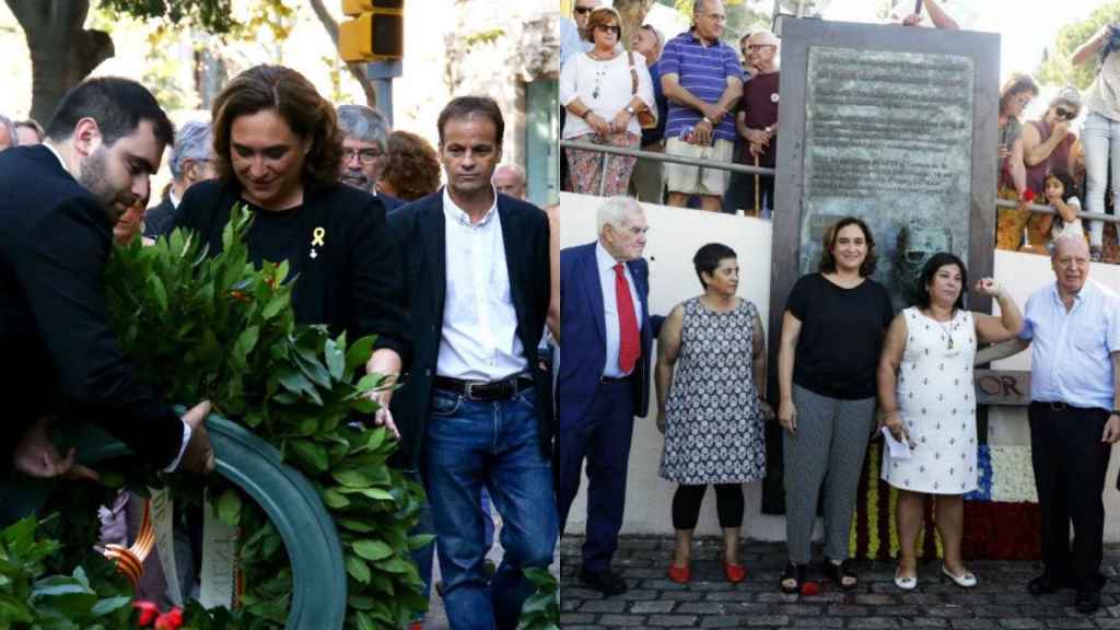 Colau, con el lazo amarillo, en la ofrenda floral de la Diada, y sin él en el homenaje a Allende / AYUNTAMIENTO DE BARCELONA