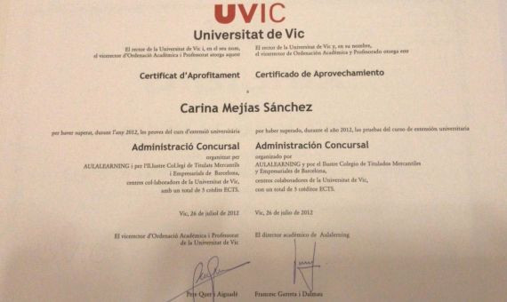 Diploma del Curso de Administración Concursal de Carina Mejías