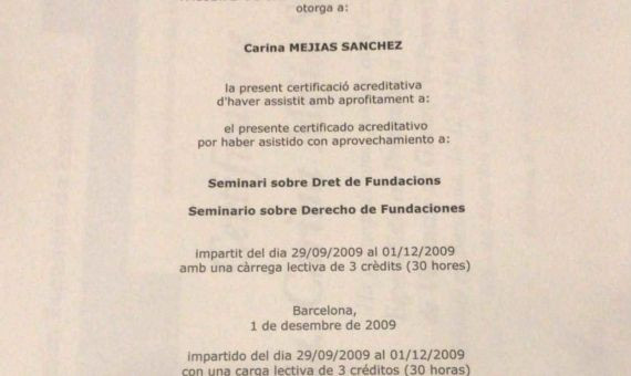 Certificado del Seminario sobre Derecho de Fundaciones de Carina Mejías