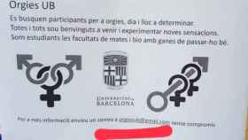 Cartel que se colgó en la UB que busca participantes para orgías