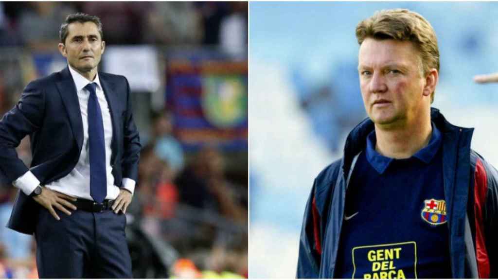 Ernesto Valverde, actual técnico del Barça, y Louis van Gaal, ex entrenador del equipo / ARCHIVO