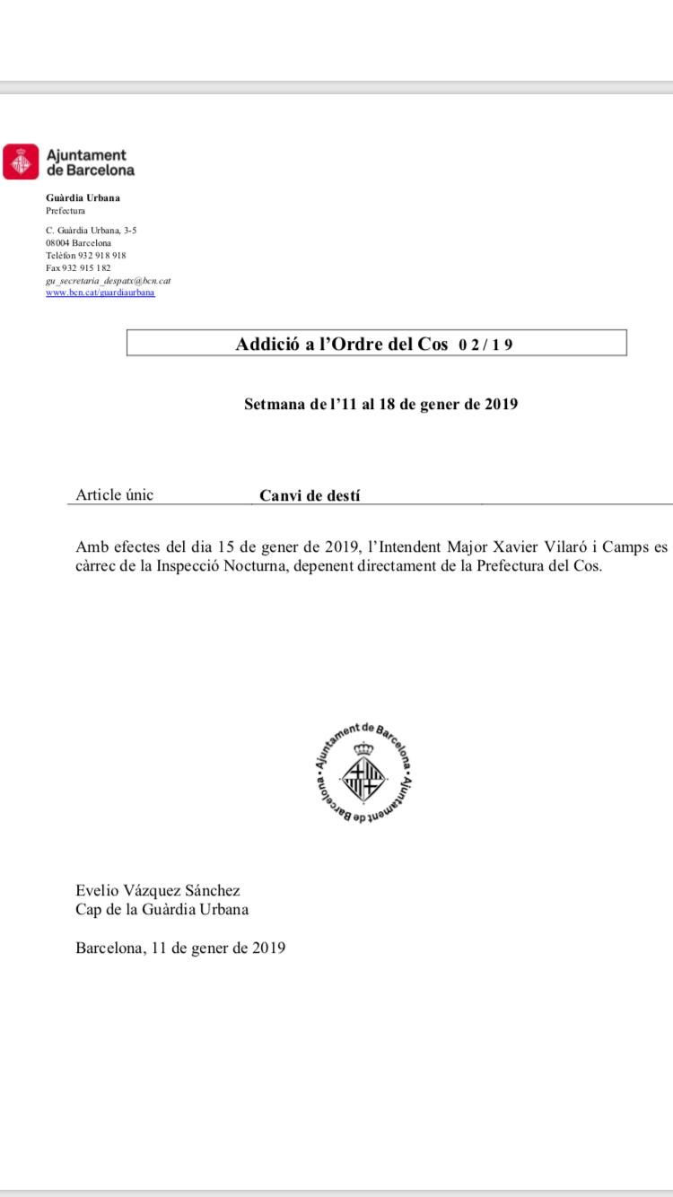 Documento de la reincoporación de Xavier Vilaró a la Guardia Urbana