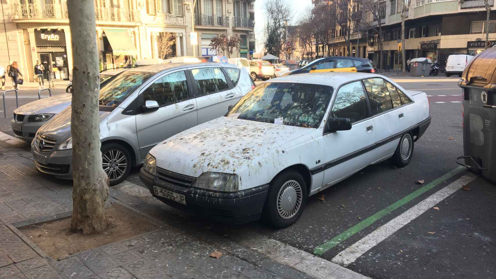 Las palomas se han 'regalado' con estos coches aparcados en un chaflán / P. A.